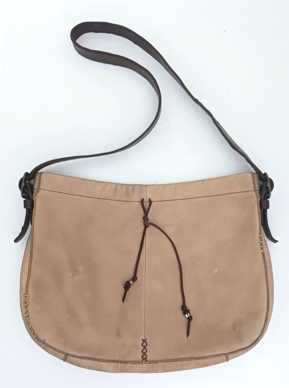VTG Lucky Brand Lg Hobo Bag Tan Leather Dk Brown Leather Adj Buckle Strap